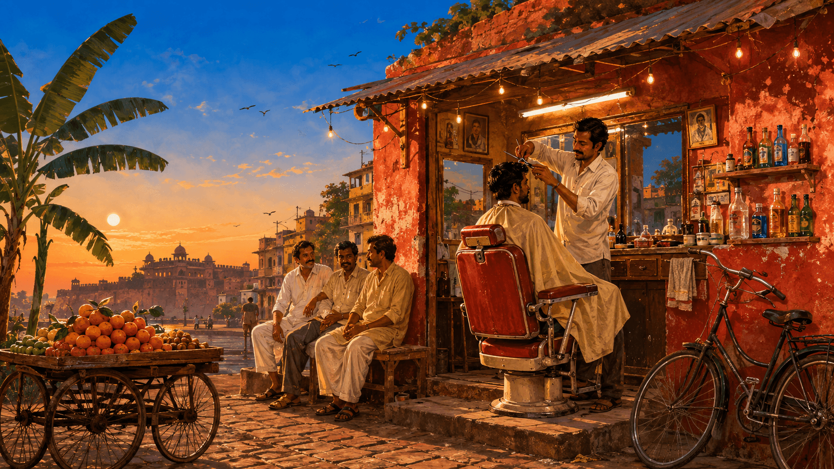 Illustration of a small-town Indian street-corner barbershop at sunset: a barber cutting a customer's hair under a red awning with string lights, men waiting on a bench, a fruit cart and a bicycle outside, and a fort skyline in the distance